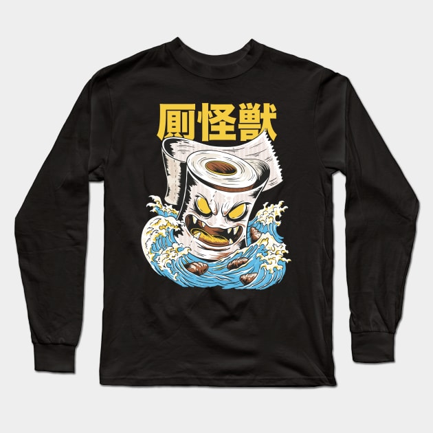 Funny Toilet Paper Monster Kaiju Japanese Anime Style Toilet Bowl Long Sleeve T-Shirt by SLAG_Creative